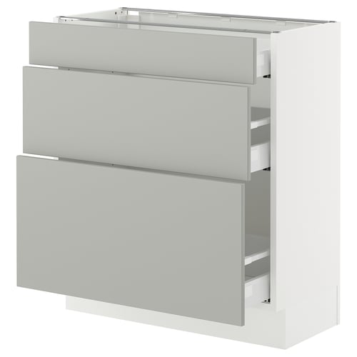 Modern light grey kitchen cabinets with three drawers and shelves.