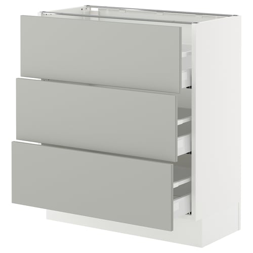 Modern white SEKTION kitchen cabinet with 3 light grey handle-less drawers and soft-close.