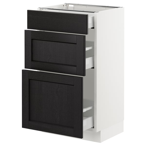 Modern black ash kitchen cabinet unit with three drawers and white frame.