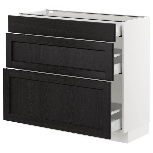 SEKTION kitchen unit, black-stained wood, 3 drawers, white frame, modern design.