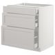 White SEKTION kitchen cabinet with 3 drawers, light grey fronts, bevelled edges, sturdy full-extension drawers.