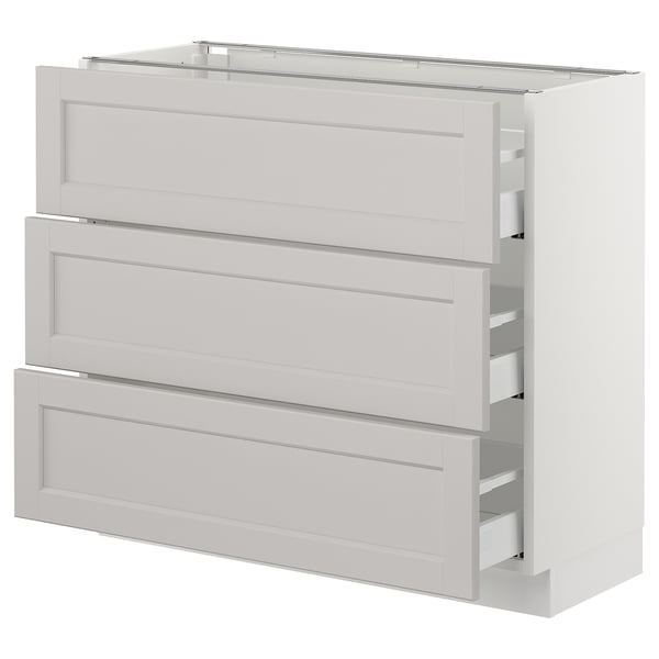 A light grey IKEA SEKTION kitchen unit with three drawers and a cabinet, featuring classic traditional design and bevelled edges.