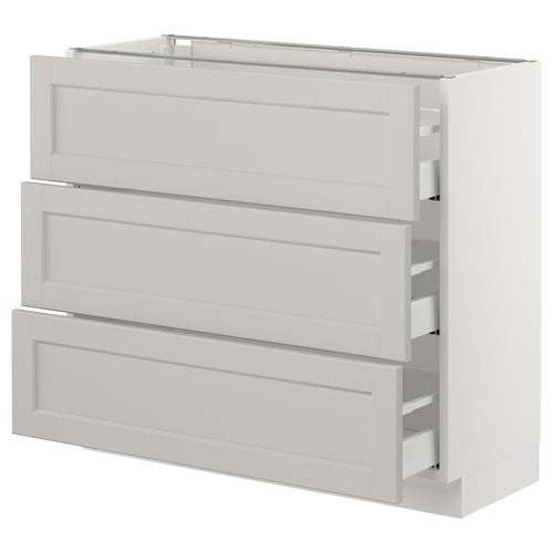 A light grey IKEA SEKTION kitchen unit with three drawers and a cabinet, featuring classic traditional design and bevelled edges.