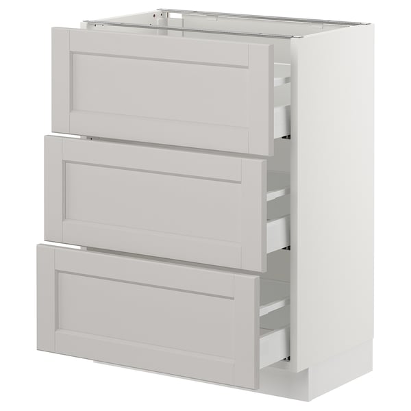 White SEKTION kitchen unit with bevelled light grey drawers.