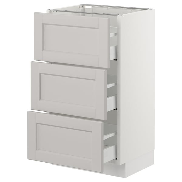 SEKTION kitchen unit, 3 light grey drawers, white, modern, rectangular.