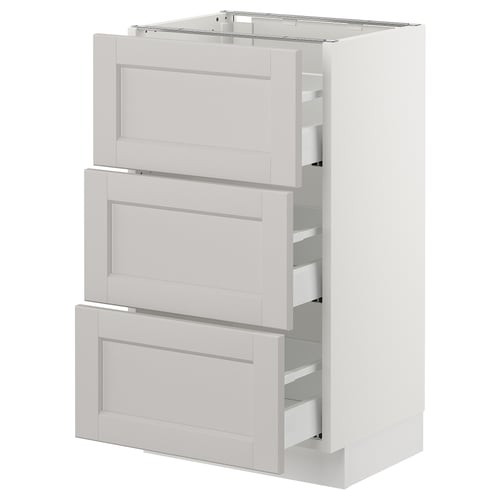 SEKTION kitchen unit, 3 light grey drawers, white, modern, rectangular.