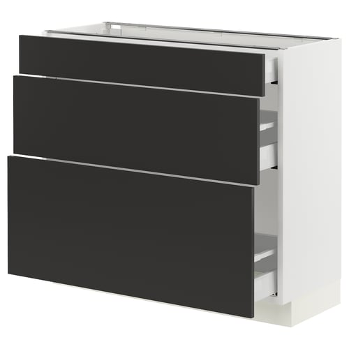 Modern kitchen cabinet set in black, featuring sleek handles and fully retractable drawers.