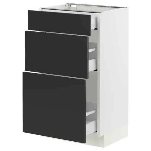 Displays a white SEKTION kitchen cabinet with black drawers. It has a modern design with three drawer fronts, each featuring a sleek, minimalist look.