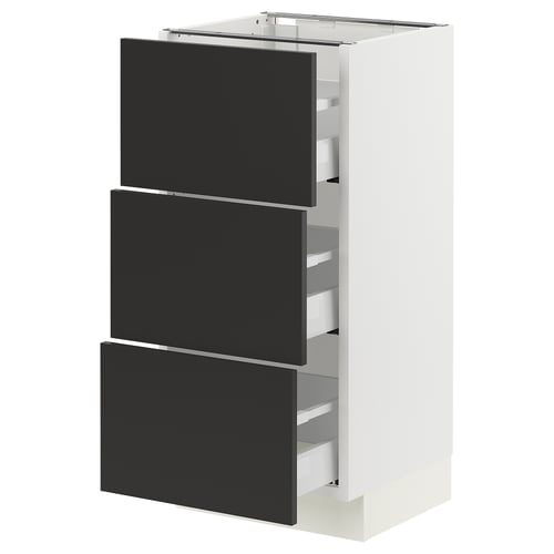 This image shows an ikea SEKTION kitchen cabinet with three black drawers and a white frame.