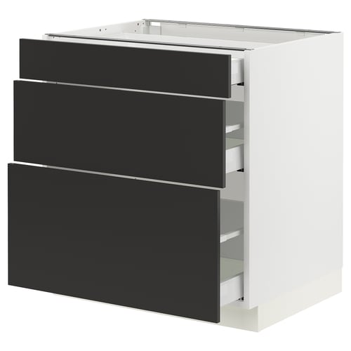SEKTION kitchen cabinet: 3 matt black drawers, white base, sleek design.