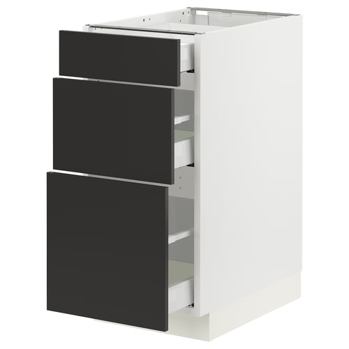 A white SEKTION kitchen cabinet with three black drawers, sleek and modern in design.