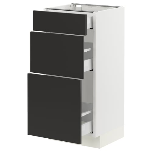 White ikea SEKTION kitchen cabinet with three vertical black drawers, modern and minimalist.