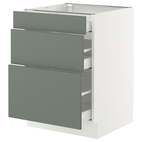 A modern kitchen cabinet from IKEAs SEKTION series, featuring three grey-green drawers.
