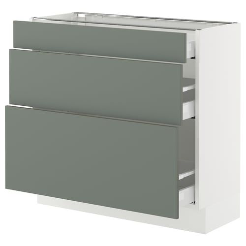 SEKTION kitchen unit in grey-green with three drawers and shelves, modern design.