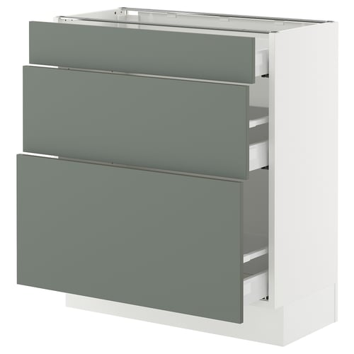 A white SEKTION kitchen cabinet with green-gray drawers in a modern design.