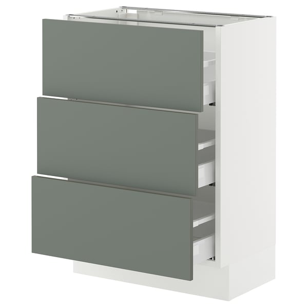 SEKTION / MAXIMERA Base cabinet with 3 drawers, white/Nickebo matte grey-green, 24x15x30 "
