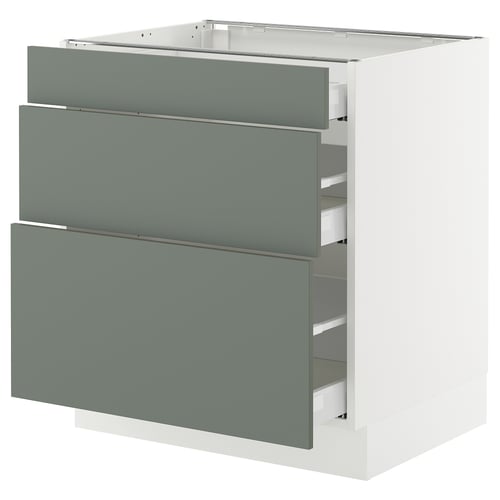 Grey-green kitchen cabinet with 3 drawers, modern and sturdy.