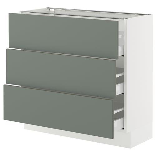 Ikea SEKTION grey-green kitchen cabinet with drawers.