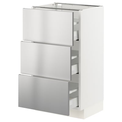 SEKTION / MAXIMERA Base cabinet with 3 drawers, white/Nogsta stainless steel, 18x15x30 "