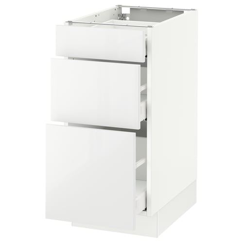 A white SEKTION kitchen cabinet with three drawers. It has a glossy finish and a modern design with smooth-running drawers.