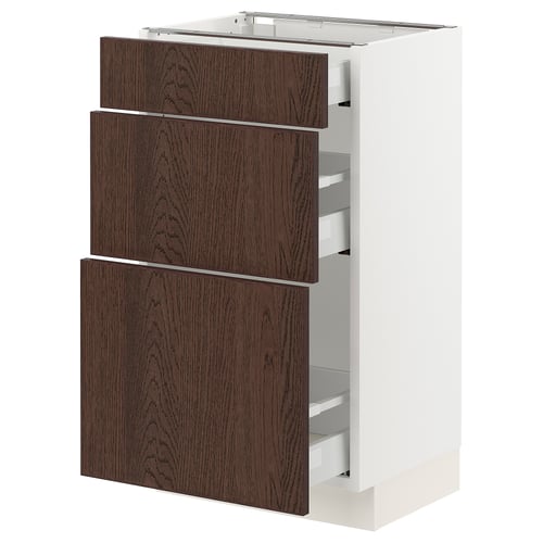 An ikea SEKTION kitchen unit with dark brown sinarp drawers and a white base. It three full-extension drawers with wooden fronts.