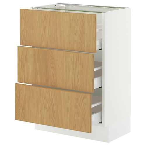 SEKTION kitchen unit with 3 oak drawers and white base.