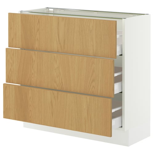 SEKTION kitchen unit in oak veneer with three drawers and shelves. Light wood, rectangular, modern design.