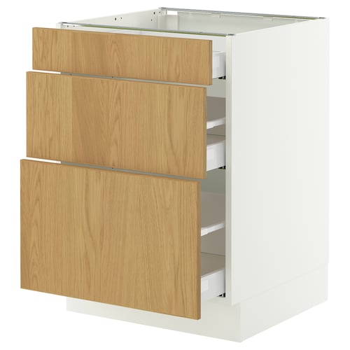 White SEKTION cabinet with 3 light oak drawers and metal handles in modern kitchen.