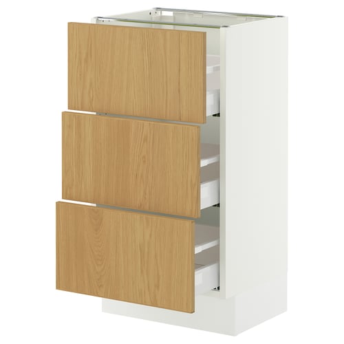 White IKEA SEKTION kitchen unit with 3 oak drawers.