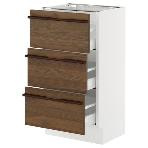 An ikea SEKTION kitchen cabinet with dark brown stained ash veneer drawers and solid wood handles.