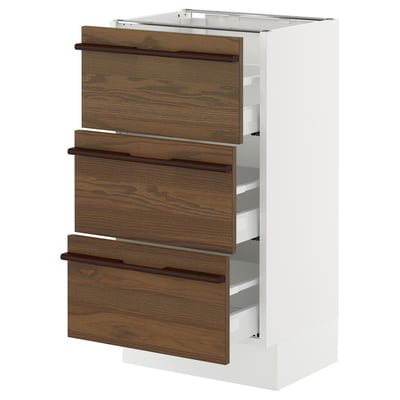 SEKTION / MAXIMERA Base cabinet with 3 drawers, white/Stensta dark brown ash veneer, 18x15x30 "