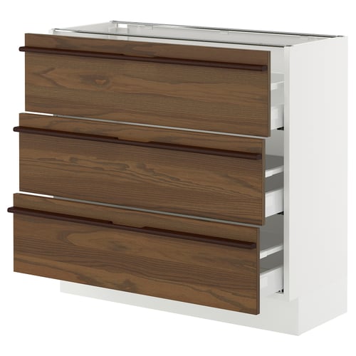 A modern kitchen cabinet named SEKTION with dark brown wood drawers and sleek handles.