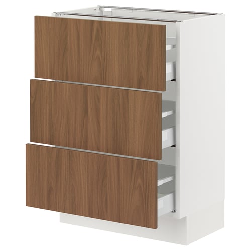 White kitchen cabinet with 3 walnut-finish drawers and compartments.