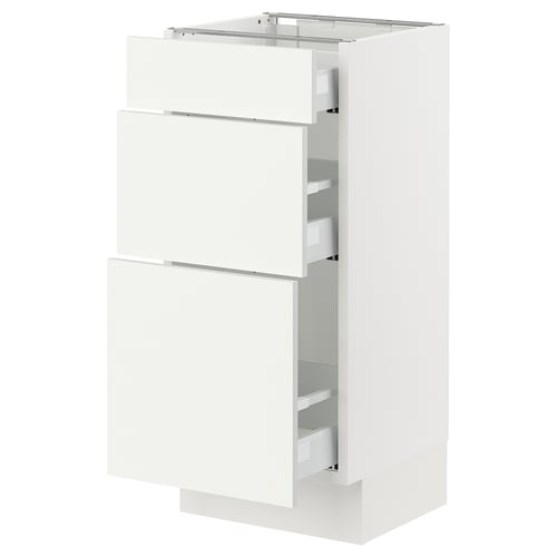 A white ikea SEKTION kitchen cabinet with three drawers.