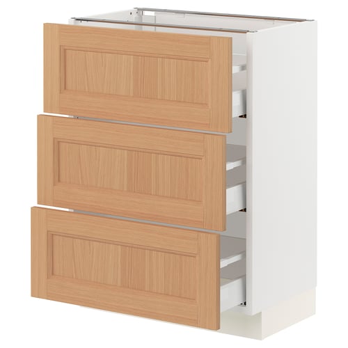 Ikea SEKTION kitchen cabinet with oak drawers, white finish, rectangular shape, and modern design.