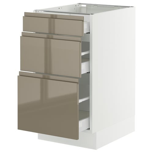 SEKTION modern kitchen cabinet with 3 pullout drawers in dark grey-brown high gloss finish, fully opened, centred on a white background.