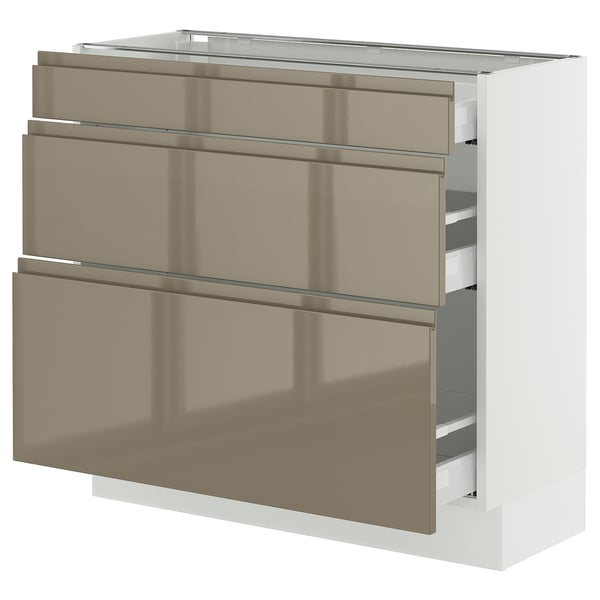 SEKTION / MAXIMERA Base cabinet with 3 drawers, white/Voxtorp high-gloss dark grey-brown, 36x15x30 "