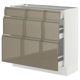 SEKTION / MAXIMERA Base cabinet with 3 drawers, white/Voxtorp high-gloss dark grey-brown, 36x15x30 "