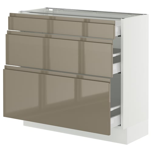 Modern kitchen cabinet, SEKTION series, sleek light brown, metal handles, integrated drawers, high gloss finish.