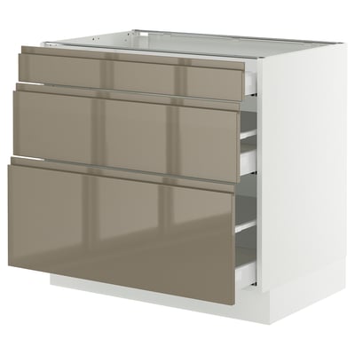SEKTION / MAXIMERA Base cabinet with 3 drawers, white/Voxtorp high-gloss dark grey-brown, 36x24x30 "