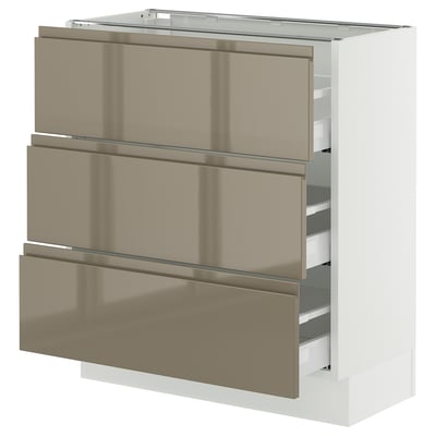 SEKTION kitchen cabinet in white with dark brown glossy drawers, three visible drawers, sleek modern design.