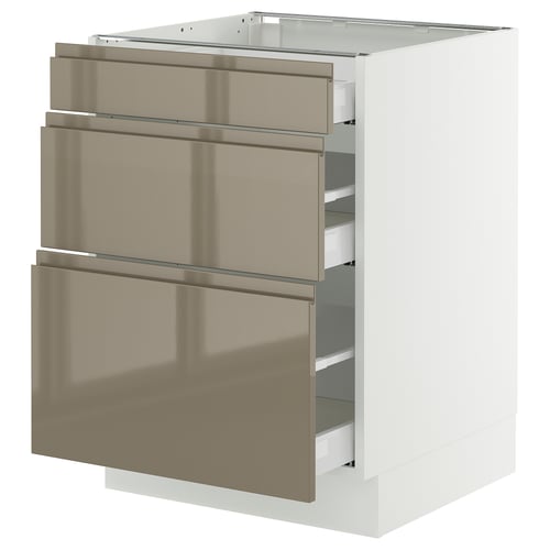 Modern kitchen cabinet with three sleek, dark grey-brown drawers and integrated handles, offering a smooth and elegant design.