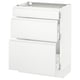 A white SEKTION kitchen cabinet with three drawers and a countertop. The cabinet is minimalist and modern.