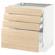 Modern white kitchen cabinet with three light ash wood drawers.