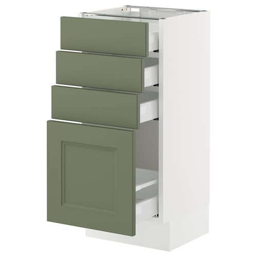 Modern kitchen cabinet in green-white with multiple drawers in SEKTION style.