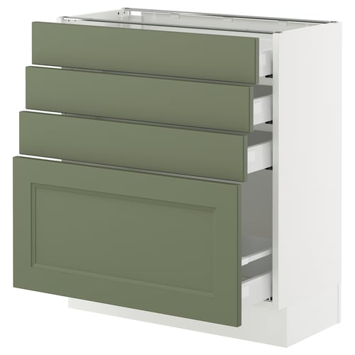 An ikea SEKTION kitchen cabinet in grey-green with four drawers and one storage section. Its rectangular and has a modern design.