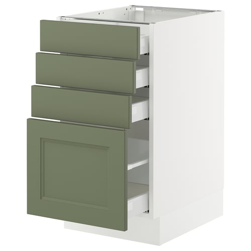 SEKTION kitchen cabinet in grey-green with three drawers and one door, modern design, white frame, durable materials.