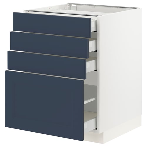 A white SEKTION kitchen cabinet with four blue drawers and one large blue door. Modern and sturdy, it full-extension drawers with smooth runners.