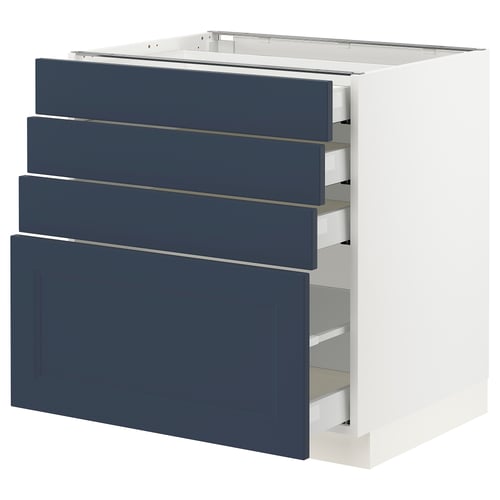Displays a white kitchen cabinet with four blue drawers, featuring a sleek and modern design.