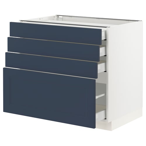 Modular kitchen cabinet with four blue drawers and white base, modern design, sturdy and smooth-running drawers.